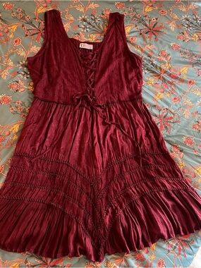 Sleeveless Lace-Up Burgundy Tiered Mini Dress